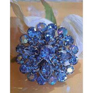 Vintage Rosette Blue Rhinestone Brooch Pin